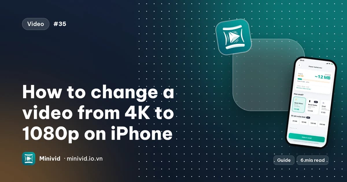 Cover for the guide “How to change a video from 4K to 1080p on iPhone”, with Minivid’s compression screen showing the resolution the video becomes