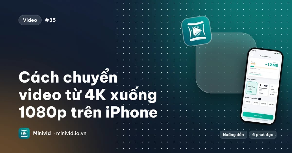 Ảnh bìa bài “Cách chuyển video từ 4K xuống 1080p trên iPhone”, với màn hình nén của Minivid hiện độ phân giải của kết quả