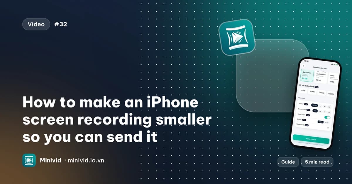 Cover for the guide “How to make an iPhone screen recording smaller so you can send it”, with Minivid’s advanced options showing frame rate choices