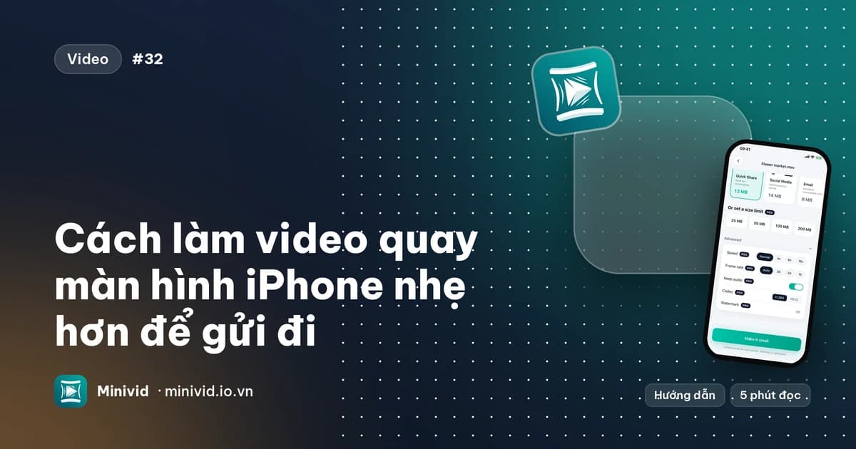 Ảnh bìa hướng dẫn “Cách làm video quay màn hình iPhone nhẹ hơn để gửi đi” kèm tuỳ chọn nâng cao của Minivid với các mức tốc độ khung hình