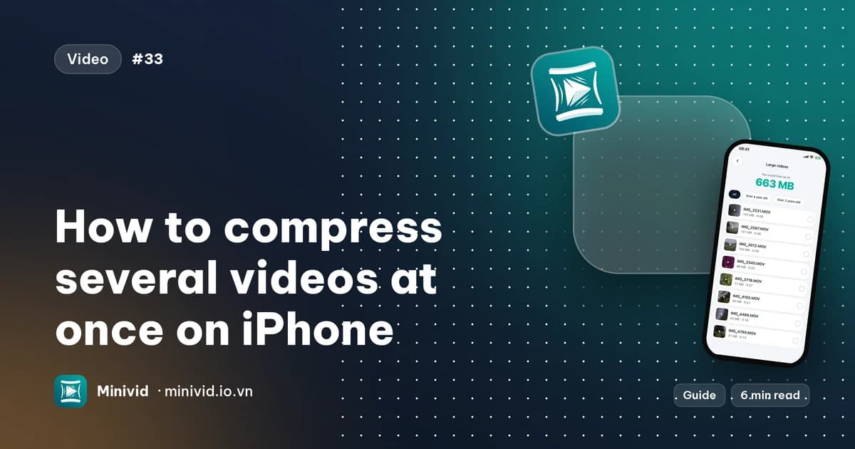 Cover for the guide “How to compress several videos at once on iPhone”, with Minivid’s Large videos list