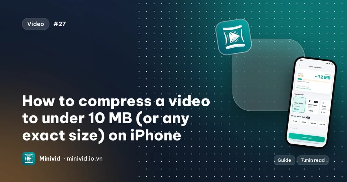 Cover for the guide “How to compress a video to under 10 MB (or any exact size) on iPhone”, with Minivid’s compression screen