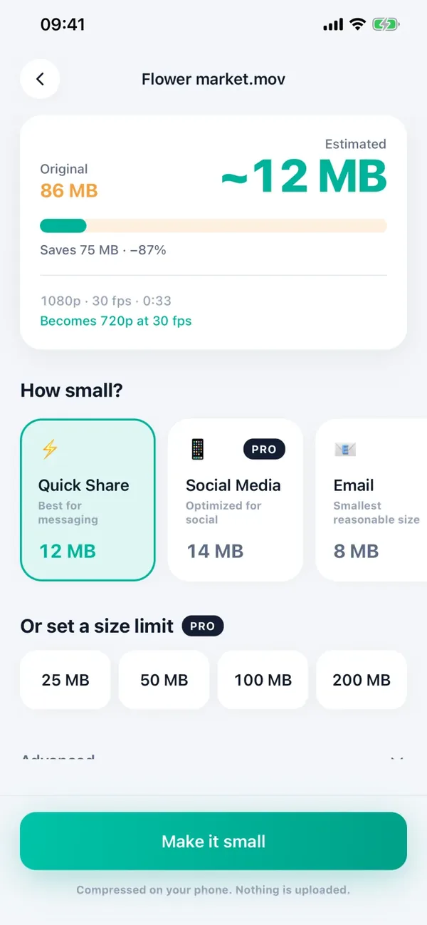 Màn hình nén của Minivid (giao diện tiếng Anh) với video 1080p nặng 86 MB: ước tính còn khoảng 12 MB, tiết kiệm 75 MB, các mức Chia sẻ nhanh, Mạng xã hội, Email và tuỳ chọn giới hạn dung lượng gắn nhãn Pro