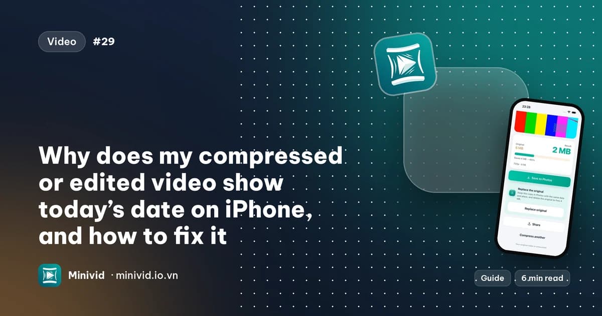 Cover for the guide “Why does my compressed or edited video show today’s date on iPhone, and how to fix it”, with Minivid’s Replace the original card