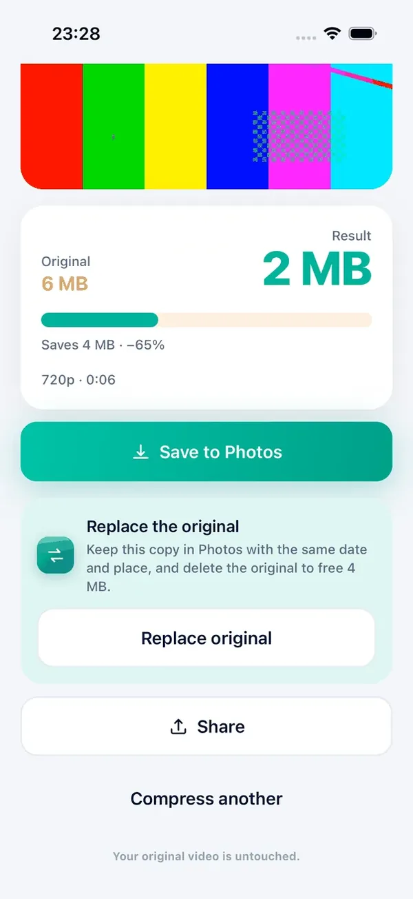 Minivid’s result screen: a 6 MB video is now 2 MB at 720p, with Save to Photos, a Replace the original card that keeps the same date and place, and a Share button