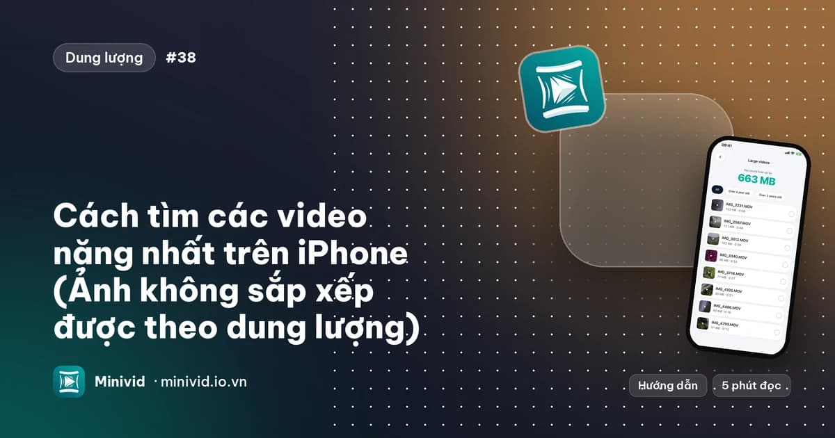 Ảnh bìa bài “Cách tìm các video nặng nhất trên iPhone (Ảnh không sắp xếp được theo dung lượng)”, với danh sách Large videos của Minivid