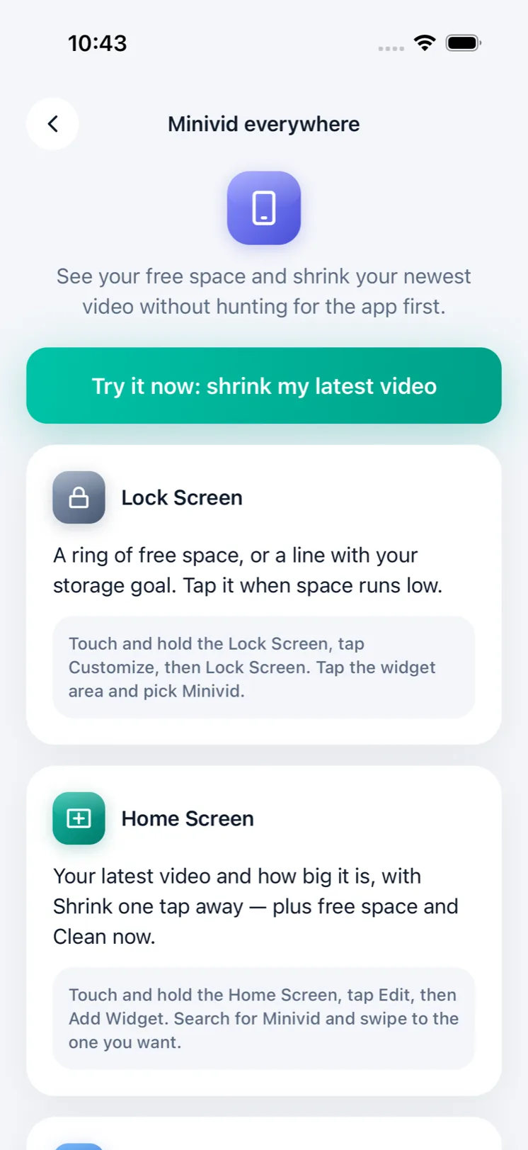 Màn hướng dẫn Minivid ở khắp nơi trong app, có nút Thử ngay và các bước thêm tiện ích Màn hình khoá, Màn hình chính