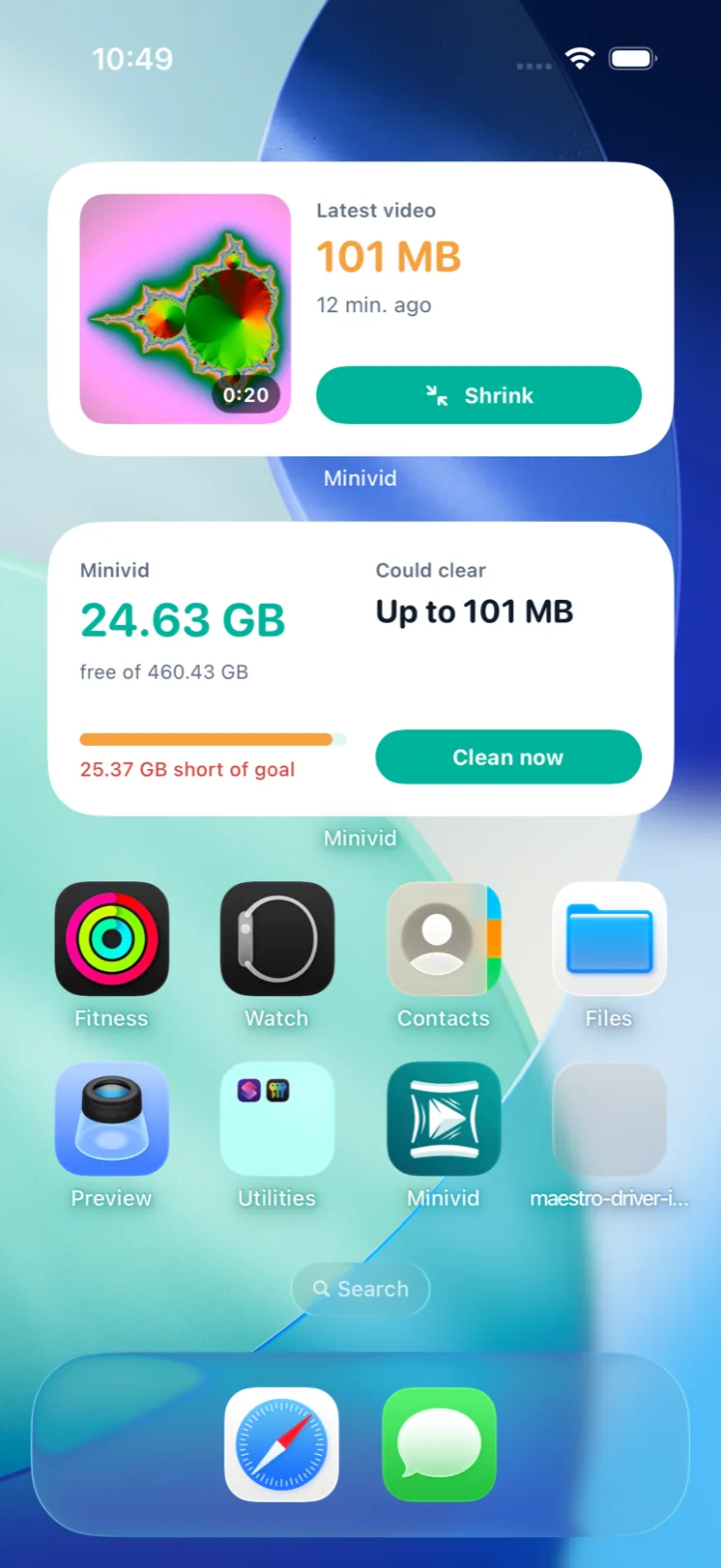 Màn hình chính với tiện ích Video mới nhất — video 101 MB quay 12 phút trước, có nút Thu nhỏ — phía trên tiện ích dung lượng của Minivid
