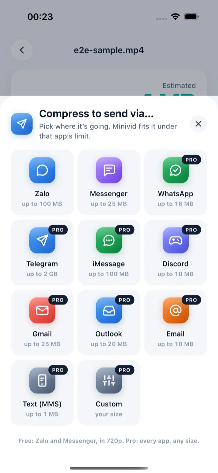 Sheet Nén để gửi qua… với các ô Zalo, Messenger, WhatsApp, Telegram, iMessage, Discord, Gmail, Outlook và Email, mỗi ô ghi giới hạn dung lượng