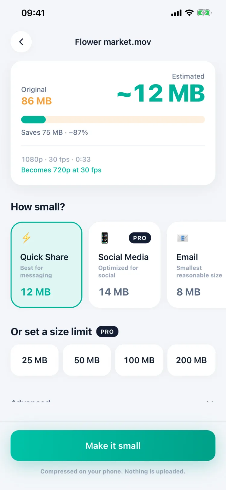 Màn hình cài đặt ước tính video 86 MB sẽ còn khoảng 12 MB
