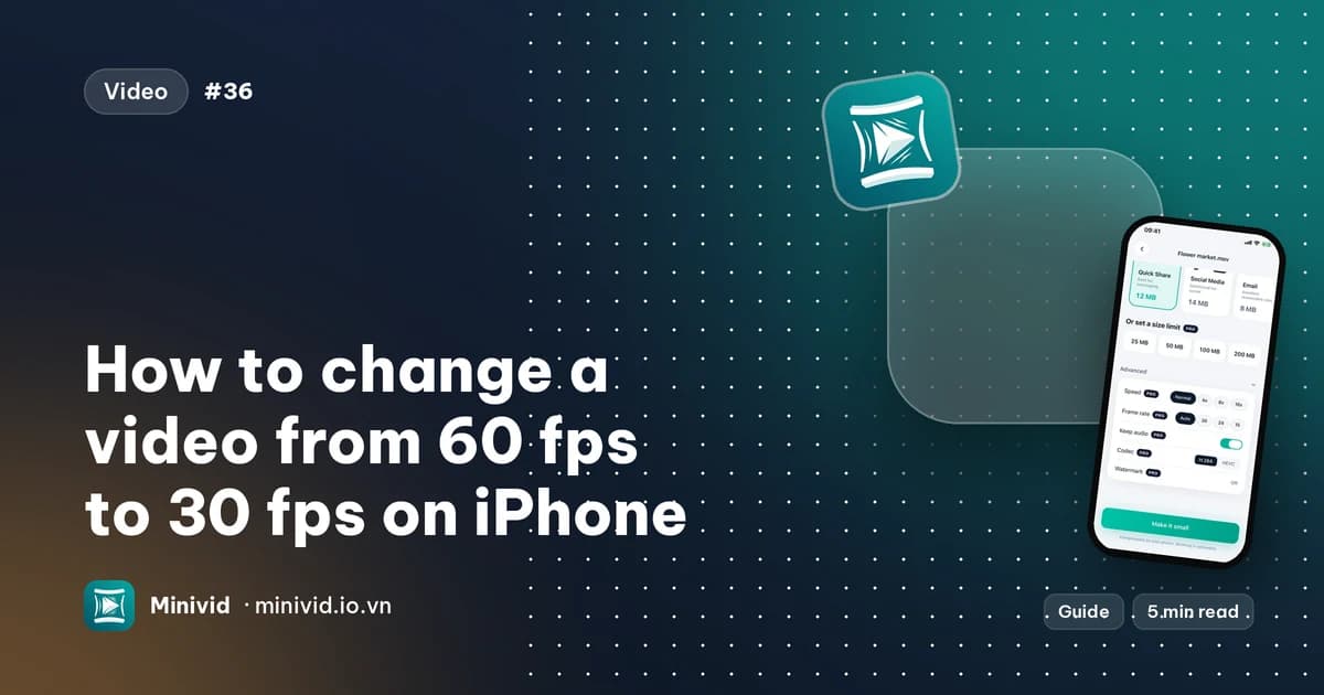 Cover for the guide “How to change a video from 60 fps to 30 fps on iPhone”, with Minivid’s Advanced options showing the frame rate choices Auto, 30, 24 and 15
