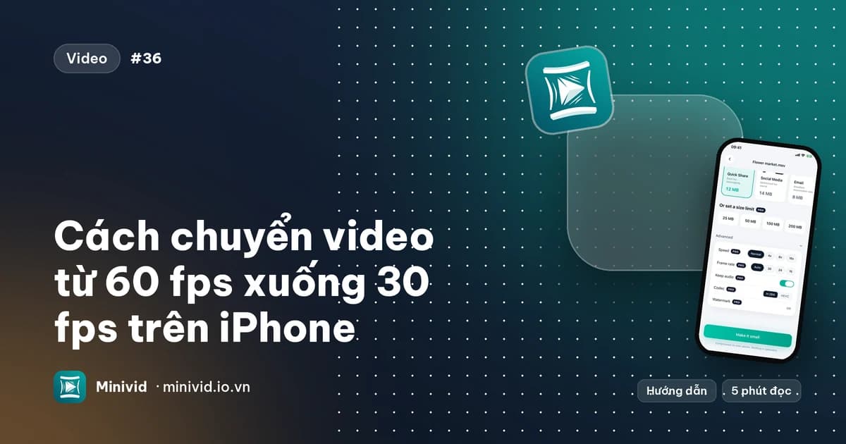 Ảnh bìa bài “Cách chuyển video từ 60 fps xuống 30 fps trên iPhone”, với phần Advanced của Minivid hiện các lựa chọn tốc độ khung hình Auto, 30, 24 và 15