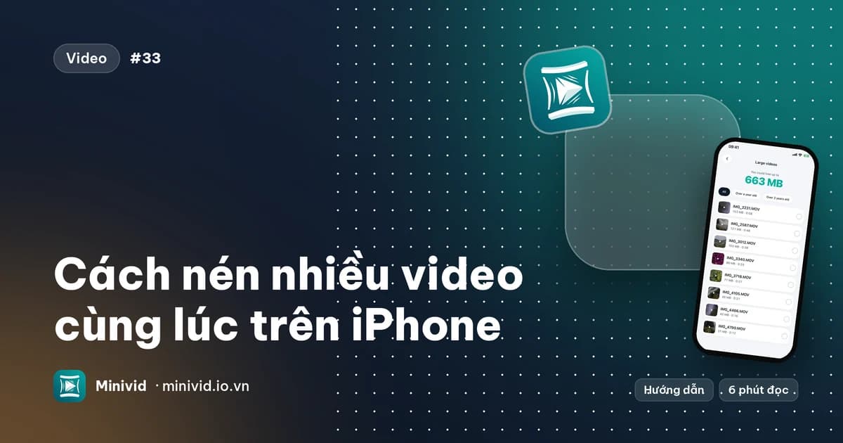 Ảnh bìa hướng dẫn “Cách nén nhiều video cùng lúc trên iPhone” kèm danh sách Video nặng của Minivid