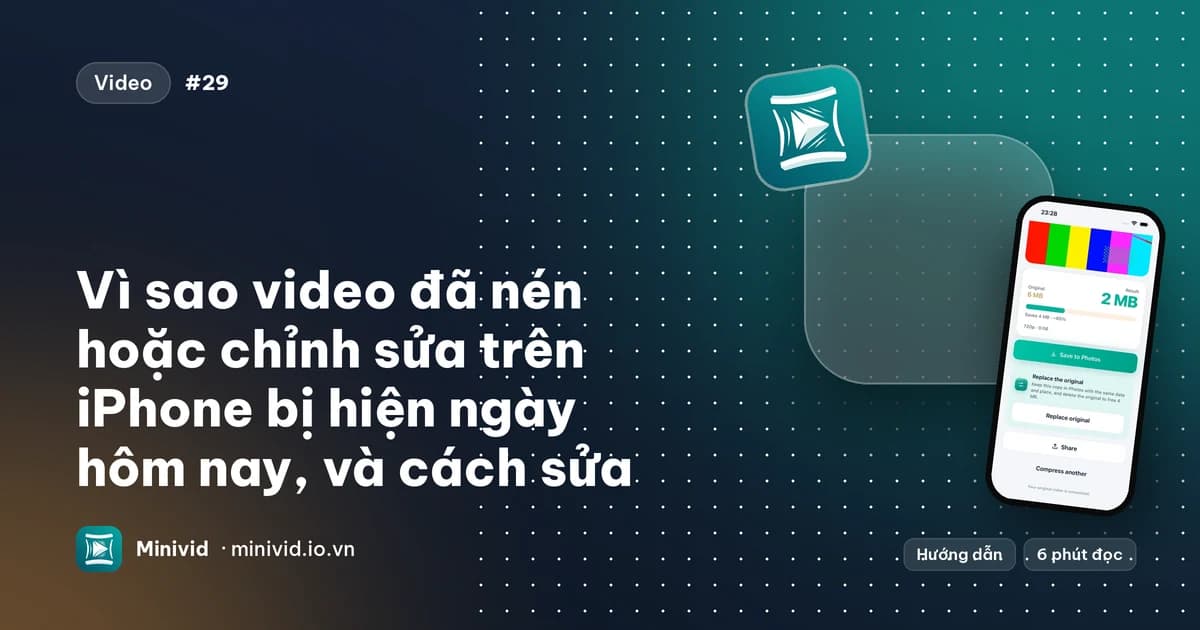 Ảnh bìa hướng dẫn “Vì sao video đã nén hoặc chỉnh sửa trên iPhone bị hiện ngày hôm nay, và cách sửa” kèm thẻ Thay thế video gốc của Minivid