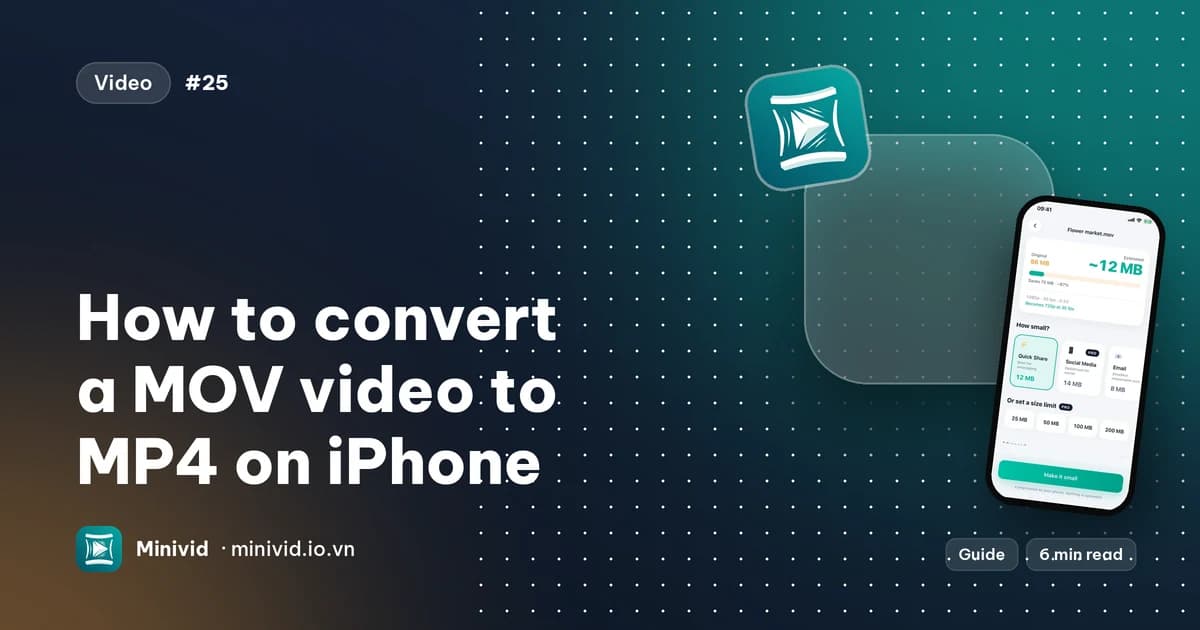 Cover for the guide “How to convert a MOV video to MP4 on iPhone”, with Minivid’s compression screen