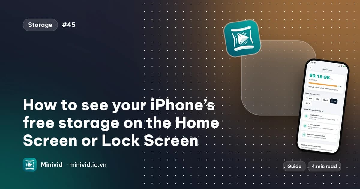 Cover for the guide “How to see your iPhone’s free storage on the Home Screen or Lock Screen”, with Minivid’s storage widget