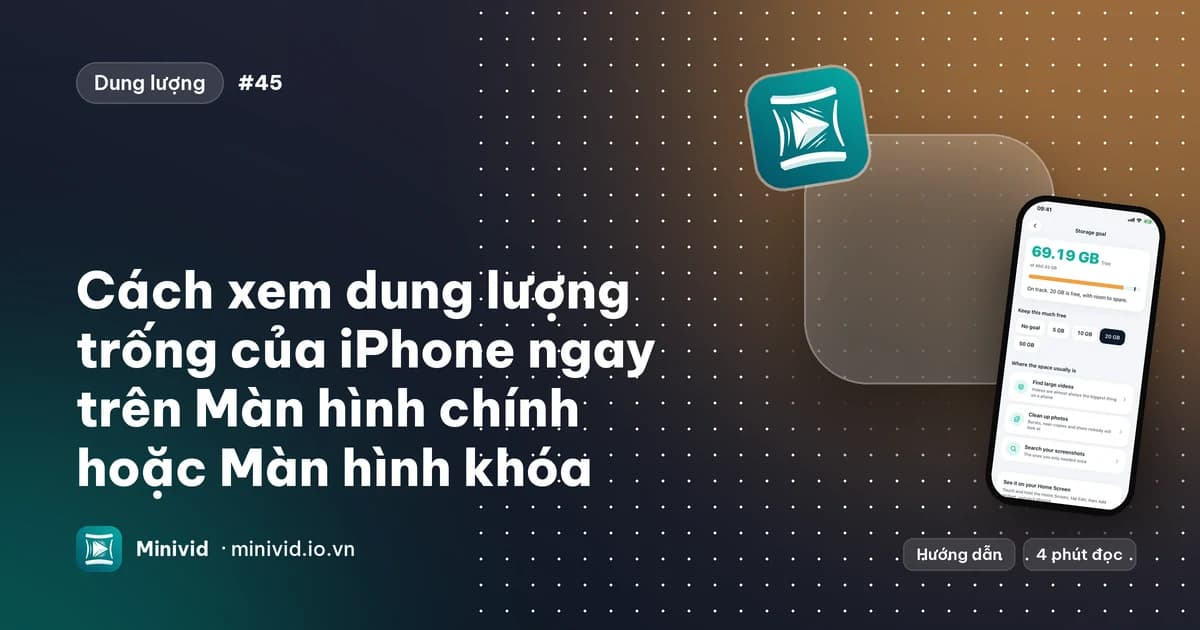 Ảnh bìa bài “Cách xem dung lượng trống của iPhone ngay trên Màn hình chính hoặc Màn hình khóa”, với widget dung lượng của Minivid