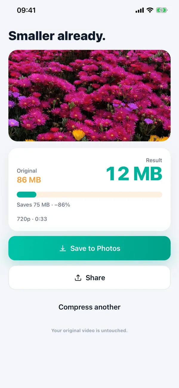 Màn hình kết quả của Minivid: video 86 MB giờ còn 12 MB, nhẹ hơn 86%, ở 720p, có nút Lưu vào Ảnh và Chia sẻ